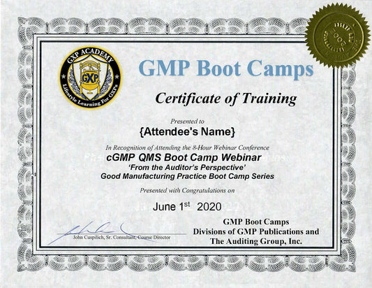 FREE* 8-Hour GMP QMS Training, Paper Certificate & Handbook - Select Month